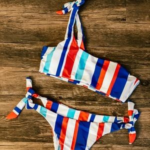 One Shoulder Striped Multicolor Bikini Set